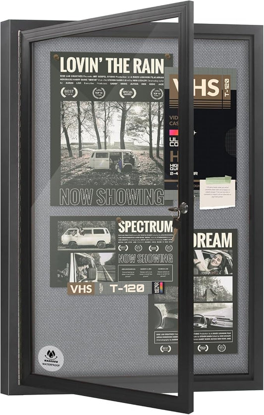 Lockable Outdoor Enclosed Bulletin Board,Weatherproof Cork Noticeboard with Locking Door, Wall-Mounted Aluminum Frame Display Case for Office, Home, School (Black Frame | Greyfelt Surface, 36x24 inch)