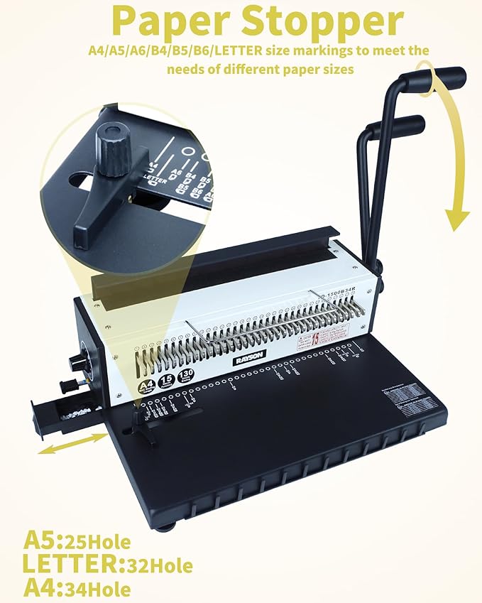 Rayson TD-1500B34R Binding Machine, Round Holes, 3:1 Pitch Wire-O Binder Punch 15 Sheets/Bind 130 Sheets with Sturdy Metal Construction