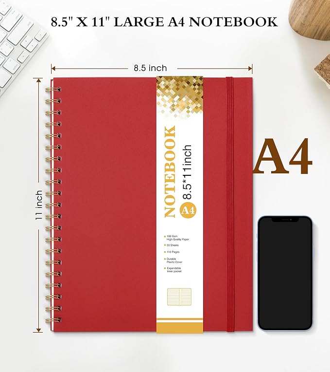 Spiral Notebook Journal 8.5” x 11”, A4 Large Notebooks for Women Men, College Ruled Lined Journal, 100 GSM Paper, Hardcover Spiral Bound Journals for Work School Writing Note Taking Business, Red
