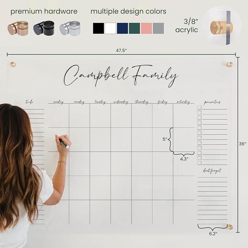 Personalized Clear Acrylic Calendar for Wall, Calendar Whiteboard for Wall, Dry Erase Wall Calendar, Wall Calendar Organizer System for Home (Cursive, White, 47.5"W x 36"H)