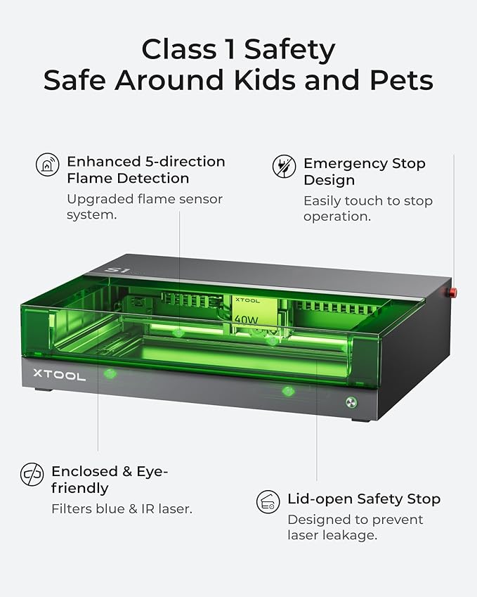 xTool S1 40W Laser Engraver and Cutter Machine with Air Assist & Honeycomb, 23.93" x 15.16" Bed Size, Beginner-Friendly, Laser Engravering Machine for Wood and Metal, Acrylic, etc. - Basic Bundle