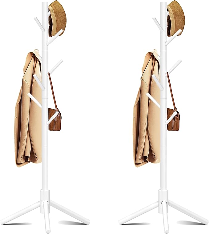 Wooden Coat Rack, Free Standing Coat Rack with 8 Hooks 3 Adjustable Heights for Clothes, Hats, Handbags, Coat Tree Easy Assembly for Entryway, Bedroom, Hallway, Office(2PCS)