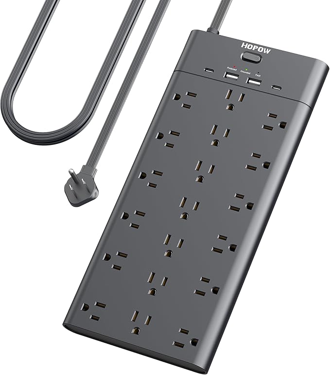 Flat Plug Power Strip, Surge Protector with 19 Outlets and 4 USB Ports, HOPOW 6 Ft Heavy Duty Extension Cord, 1875W, 2100J Surge Protection, Wall Mount for Home, Office, Gaming Room, Dorm, Black