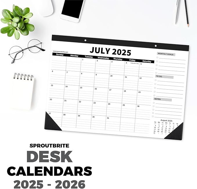 Sproutbrite 18 Month Desk Calendar 17" x 11.5" Medium Size Desktop Monthly Planner with To-Do List and Notes, Home, Office School Desk Calendar (July 1 PACK)