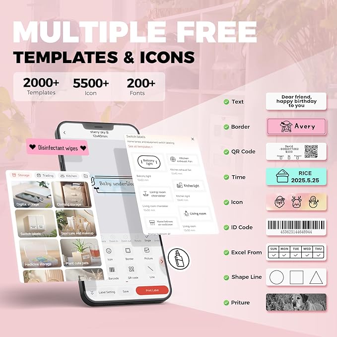 Label Maker Machine with Tape, Label Makers with Multiple Templates, Mini Label Maker Widely Used in Home Office School Organization, Bluetooth Label Printer Easy to Use for Small Labels, Pink