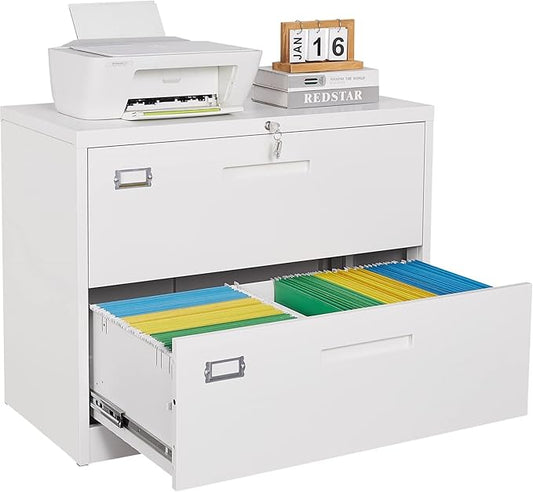 2 Drawer Lateral File Cabinet with Lock,White Lateral Filing Cabinet,Horizontal Metal Filing Cabinets,Locked Wide File Cabinets for Office Home,Fit A4/F4/Letter/Legal File,-Assembly Required