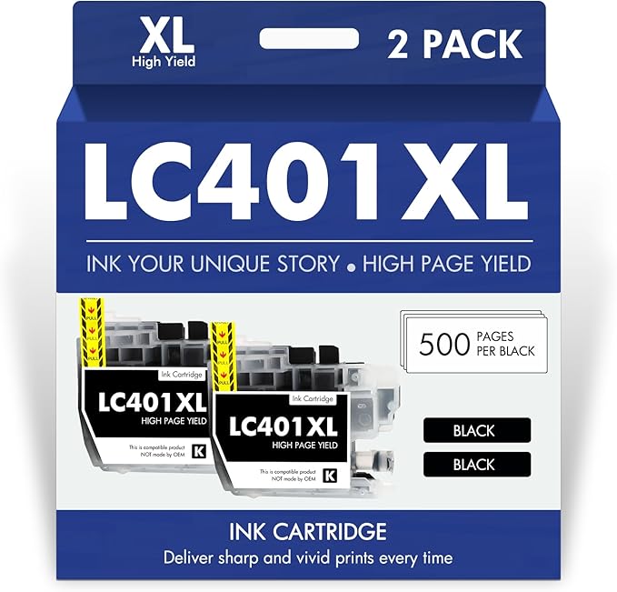 LC401XL LC401 MFC-J1010DW Black Ink Cartridges Compatible for Brother LC 401 XL MFC-J1010DW MFC-J1170DW MFC-J1012DW MFC-J1800DW MFC J1010DW Printer (High Yield, 2 Pack)