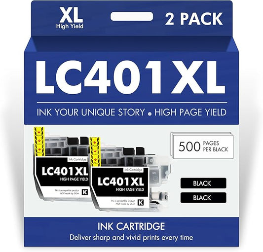 LC401XL LC401 MFC-J1010DW Black Ink Cartridges Compatible for Brother LC 401 XL MFC-J1010DW MFC-J1170DW MFC-J1012DW MFC-J1800DW MFC J1010DW Printer (High Yield, 2 Pack)
