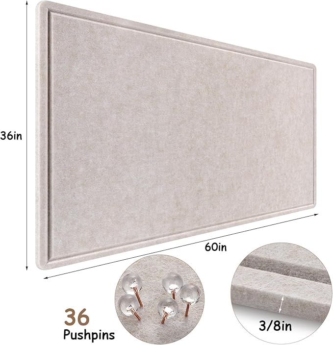 Large Bulletin Board, Foldable 60x36 Inches Cork Board Alternative, Large Felt Board Decorative Pin Board for Wall, Foldable Photo Board Self-Adhesive Vision Board with 36 Pushpins Light Khaki