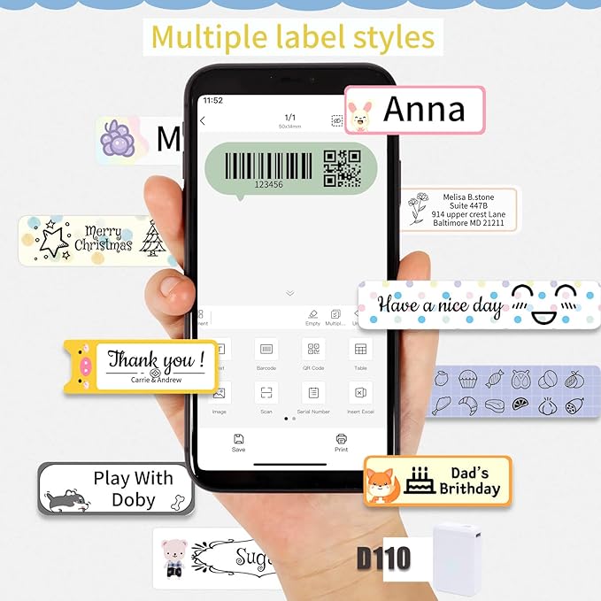 LMASBLTER D110M Label Maker Machine with Tape Portable Bluetooth Sticker Label Printer with Different Fonts Easy to Use Ideal for Home Office Organization Small Business Supplies USB Rechargeable