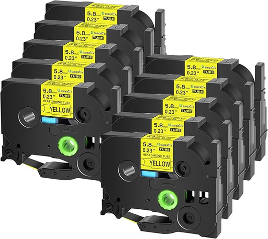 10PK Compatible for Ptouch HSe-611 HSe611 HS-611 HS611 Black on Yellow 5.8mm 0.23'' Heat Shrink Tubing for Wire Cable for PT300 PT-300B PT310 PT310B PT320 Label Maker Tape