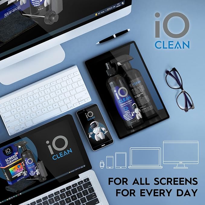 Screen Cleaner Spray (16oz + mini Cleaner) – Best Large Cleaning Kit for LCD LED OLED TV, Smartphone, iPad, Laptop, Touchscreen, Computer Monitor, Electronic Devices, Microfiber Cloth and 2 Nozzles