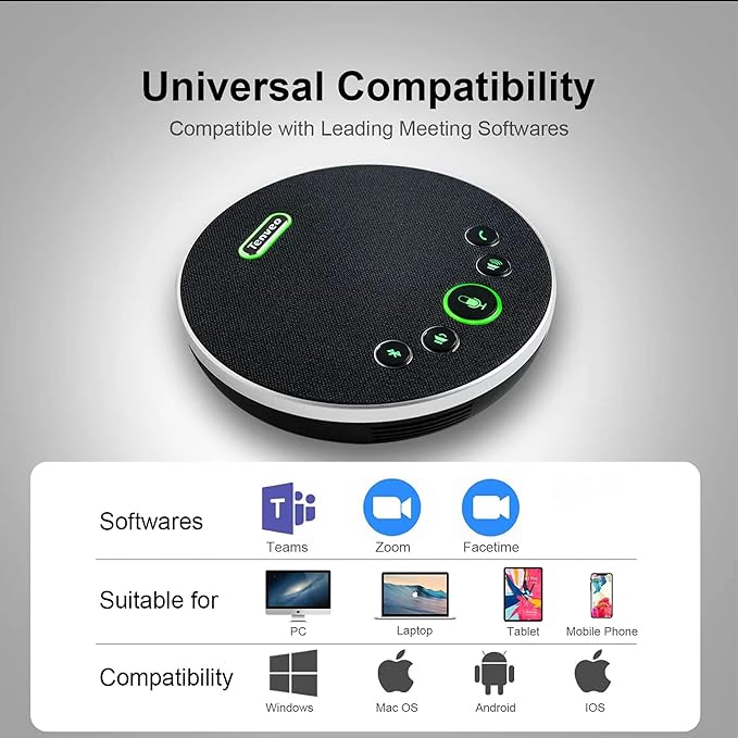 Tenveo Conference Speaker Microphone, Bluetooth/Dongle/USB Connectivity, 360° Sound Pickup and AI Noise Reduction, Compatible with Zoom, Teams, OBS, Supports 10-12 People for 8 Hours of Talk Time