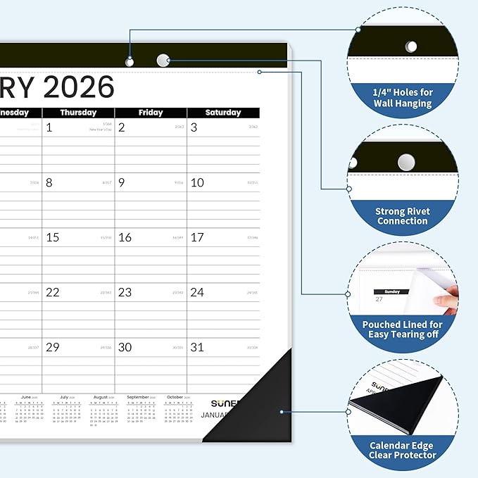 SUNEE Desk Calendar 2025-2026 17x12, 18 Months, JUL. 2025 - DEC. 2026, Academic Desk Blotter Calendar 2025-2026, School Year Large Calendar for Teacher, Black