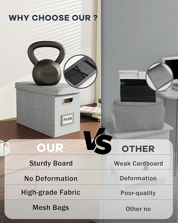 Oterri Hanging Filing File Box with Mesh Pocket, File Organizer Box with Lid, Collapsible Document Organizer Box for Letter Size, Easy Slide Durable Storage Box for Office/Decor/Home (2 PCS, Grey)