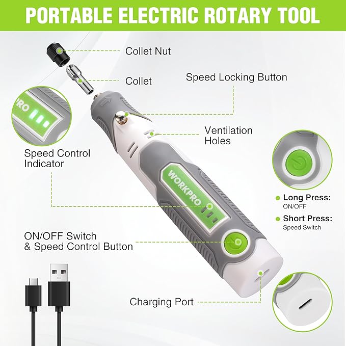 WORKPRO Cordless Rotary Tool Kit with 71pcs Accessories, 3 Variable Speeds, USB Rechargeable Mini Rotary Tool for Engraving, Sanding, Polishing, Carving, Cutting, DIY Crafts