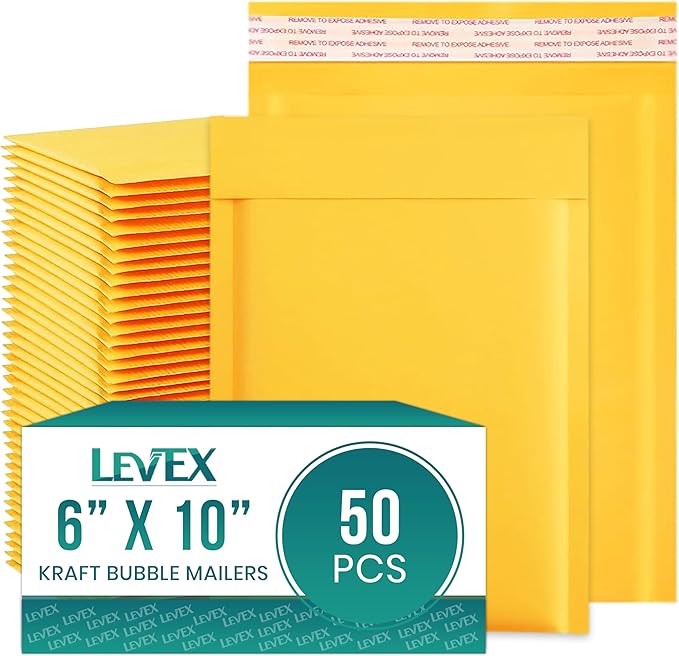 Levex - #0 6" x 10 [50 Pack) Kraft Bubble Mailers, Padded Envelope Mailers, Packing Envelope & Mailing Bags for Shipping