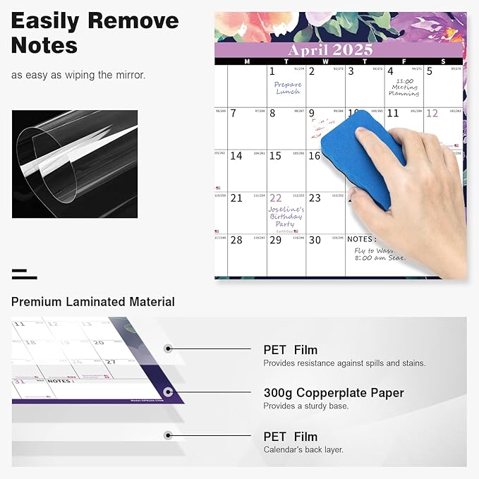 Ospelelf Dry Erase Wall Calendar 2025-2026 Large Laminated Calendar 32'' x 48'' Yearly Office Horizontal 24 Month Calendar, Use Jan 2025 - Dec 2026 (Floral)
