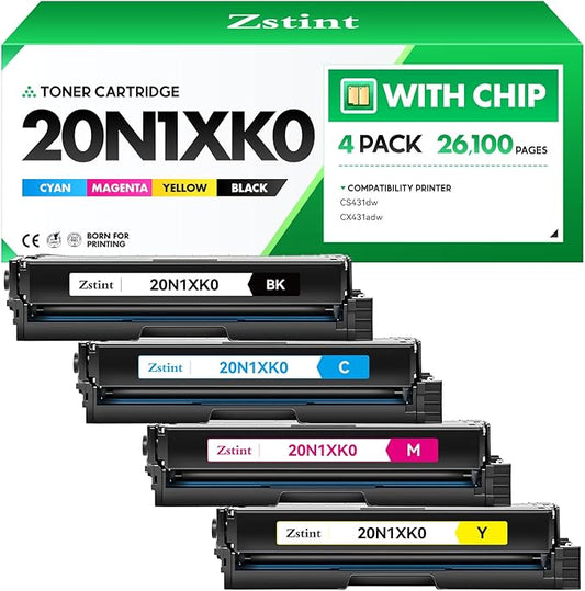 20N1XK0 20N1XC0 20N1XY0 20N1XM0 Toner Cartridge Set（4-Pack with chip）High Yield Replacement for Lexmark 20N1XK0 Toner Compatible with Lexmark Color CS431dw CX431adw CS431 CX431 Laser Printer (B/C/M/Y)