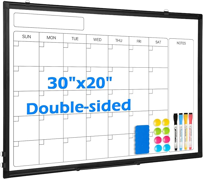 Monthly Calendar Dry Erase Whiteboard, 30" x 20" Magnetic Calendar White Board, Double-Sided Portable Board with Black Aluminium Frame for Office, Kitchen, School, Home
