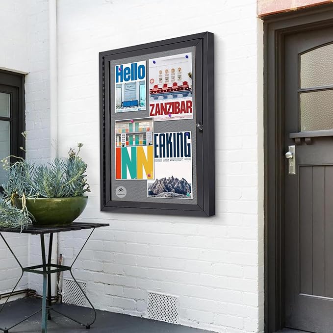 Lockable Outdoor Enclosed Bulletin Board,Weatherproof Cork Noticeboard with Locking Door, Wall-Mounted Aluminum Frame Display Case for Office, Home, School (Black Frame | Greyfelt Surface, 36x24 inch)