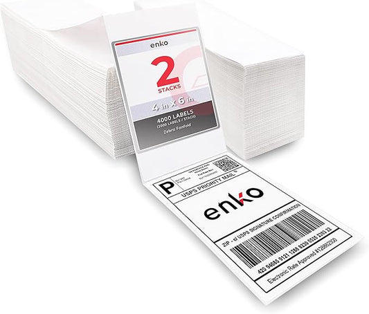enKo 2 Stacks/4000 Labels 4" x 6" Fanfold Direct Thermal Labels Compatible for Rollo Zebra Printer - Shipping Mailing Postage Labels, Perforated, Permanent Adhesive (2 Labels/Fold | 2000 Labels/Stack)