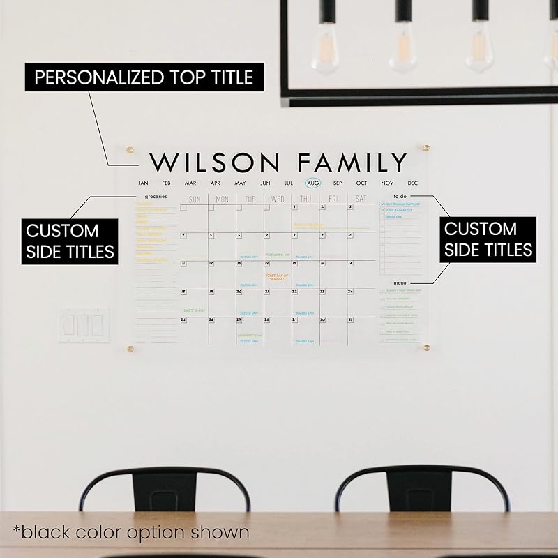 Personalized Clear Acrylic Calendar for Wall, Calendar Whiteboard for Wall, Dry Erase Wall Calendar, Wall Calendar Organizer System for Home (Block, Black, 23"W x18.5"H)