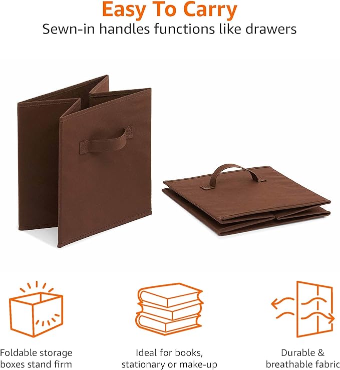 Amazon Basics Cube Organizer Storage Bins Handles, Collapsible Fabric, Pack of 6, 10.5"x10.5"x11", Brown