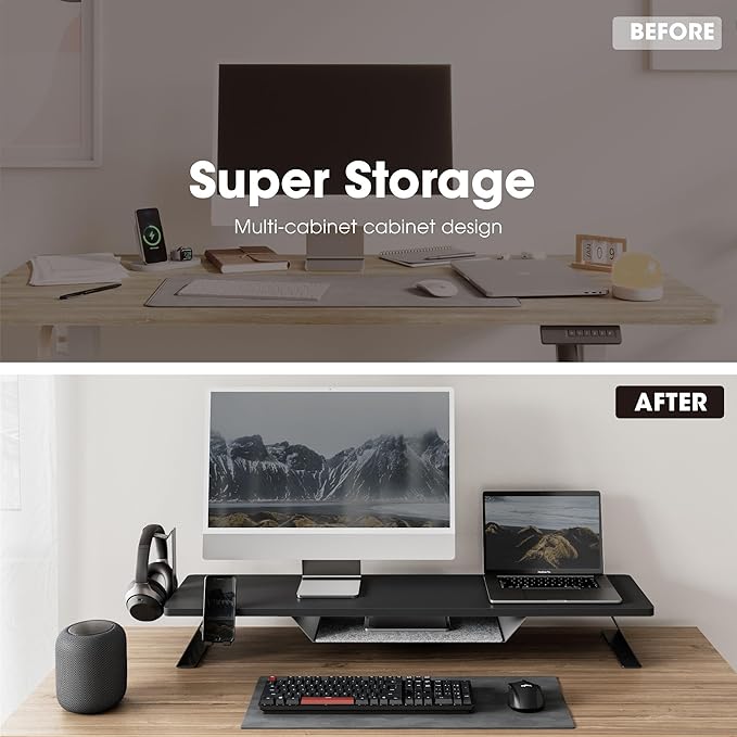 Fenge Dual Monitor Stand, 42.5 Inch Monitor Riser for Desk, Wood Desk Shelf for 2 Monitors, 2 Tier Monitor Shelf with Headphone Stand & Phone Holder