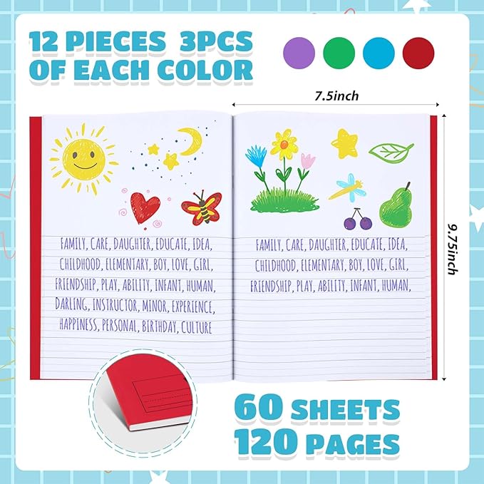 Henoyso 12 Pcs 120 Pages Primary Composition Notebooks K-2 9 3/4 x 7 1/2 Inch Journals Primary Journals Blank Books for Kids to Write Stories Kindergarten (Red,Green,Blue,Purple)