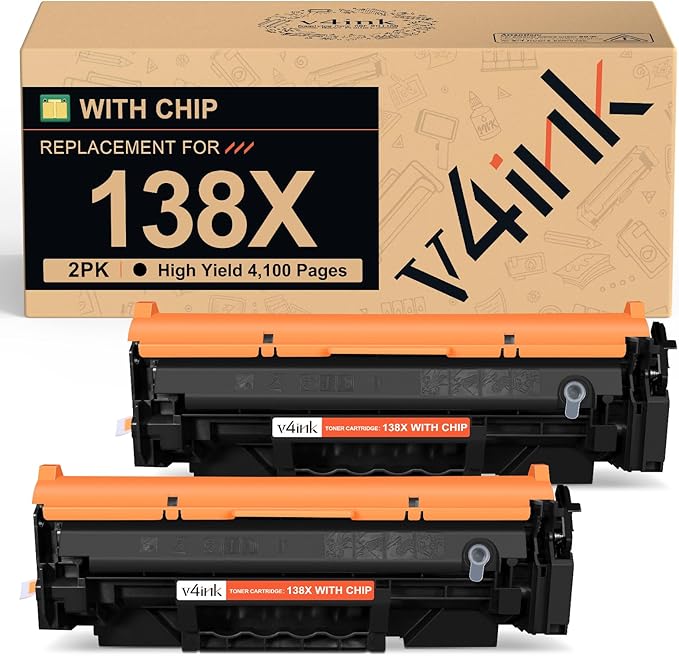 v4ink 138X 138A Toner Cartridge (with CHIP) Replacement for HP 138X 138A W1380A W1380X Black High-Yield Toner Cartridge Work with Laserjet Pro 3001dw MFP 3101fdw 3101sdw Printer, 2 Pack