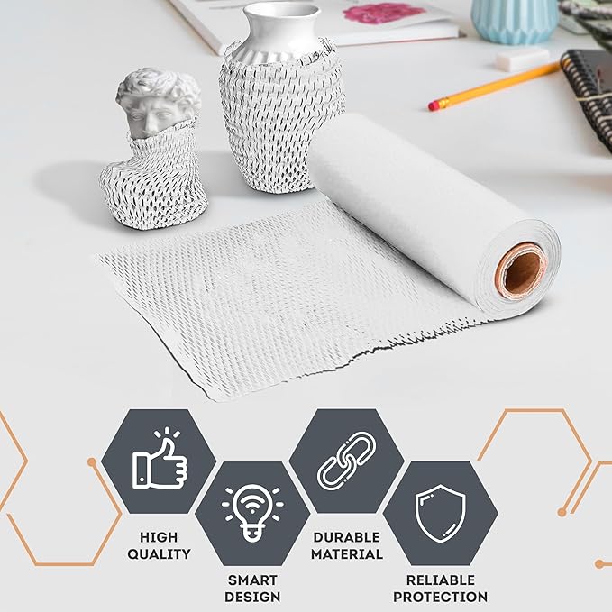 White Honeycomb Packing Paper for Moving Breakables, 15 Inch x 100 Feet. Fragile Shipping Supplies. Perforated Packing Materials for Fragile Items. Moving Paper Wrap. Eco Friendly Packaging