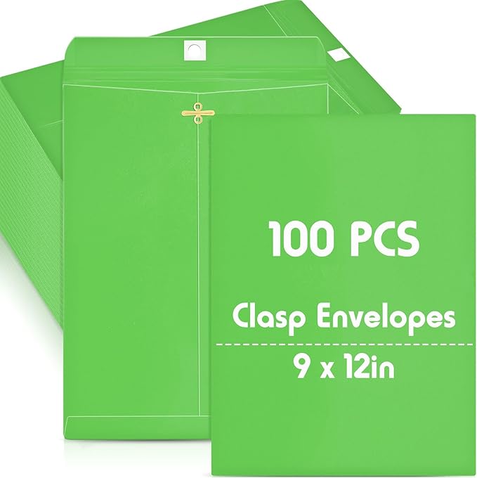 Geyee 100 Pcs Clasp Manilla Envelopes 9 x 12 Inch Gummed Colored Envelopes for Storing or Mailing for Home Office Business Supplies(Green)