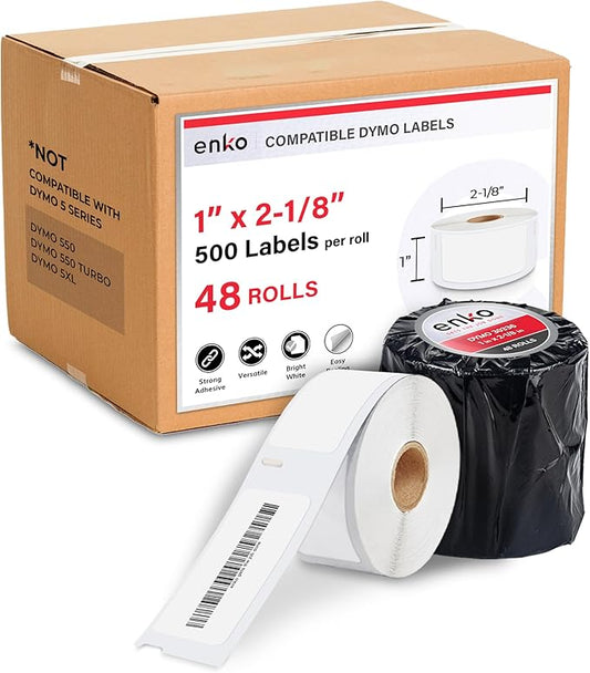 enKo Compatible for Dymo 30336 Labels (1 x 2-1/8 inches) - 48 Rolls, 24,000 Labels for Dymo LabelWriter 450 Turbo Printer and 4XL - Direct Thermal Address, Shipping and Barcode Label