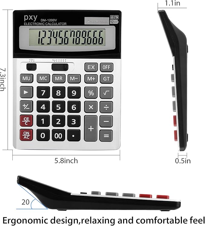 Desk Calculator 12 Digit Extra Large LCD Display, Touch Comfortable with Big Buttons, PXY Two Way Power Battery and Solar Standard Function Office Calculators