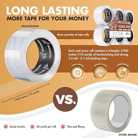Packstrong Industrial Grade Clear Packing Tape 6 Rolls - Extra Strong - 110 Yards per Roll - 2" Wide x 3.1 mil Thick, Acrylic Adhesive Heavy Duty Tape for Box Office Moving Packaging Shipping