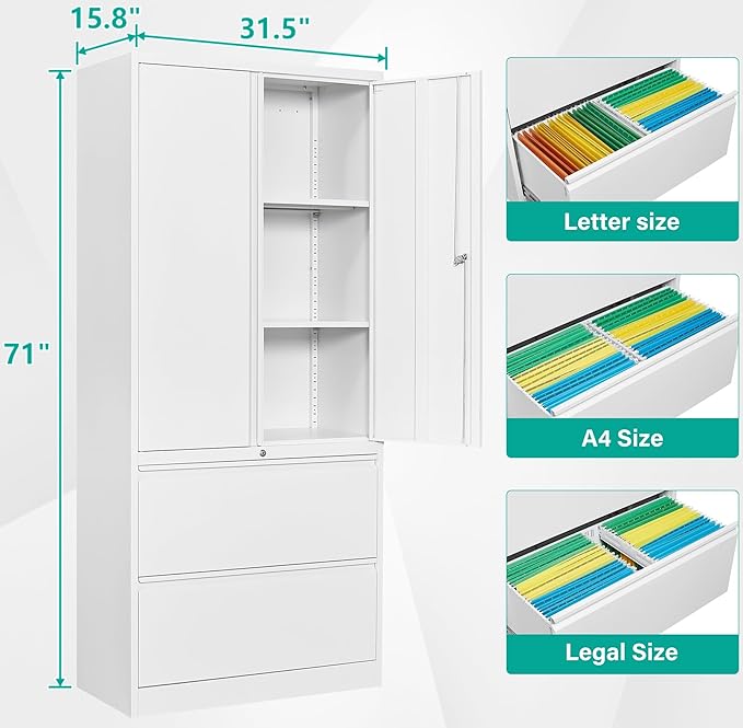 SISESOL 2 Drawer Lateral File Cabinet with Lock and Shelf,71" White Filing Storage Cabinet with Doors,Locking Metal Storage Cabinets with Drawers for Home,Office,Garage,School,Fit A4/Letter/Legal File