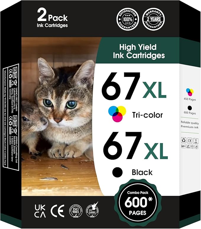 67XL Ink Cartridges Black Color Combo Pack Replacement for Ink 67 67XL 67XXL DeskJet 2755e 2755 2700e 2700 2734e 4155e Envy 6055e 6400 6000 Envy Pro 6458 Printer(1 Black and 1 Color)