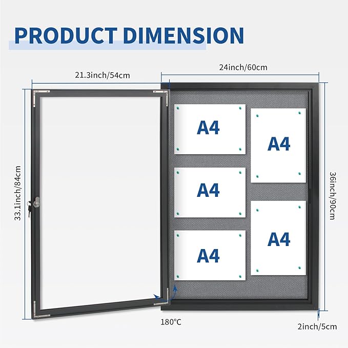Outdoor Weatherproof Enclosed Fabric Bulletin Board,Noticeboard Case with Lockable Glass Door, Grey Felt,Black Aluminum Frame, 36x24 Inch (5xA4)