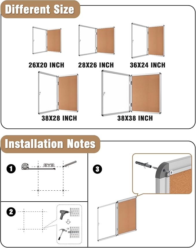 26"x20" Enclosed Bulletin Board, Lockable Weather-Resistant Aluminum Cork Noticeboard for School & Office, Silver Frame w/Cork