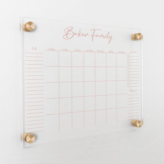 Personalized Clear Acrylic Calendar for Wall, Calendar Whiteboard for Wall, Dry Erase Wall Calendar, Wall Calendar Organizer System for Home (Cursive, Blush, 14"W x 11"H)