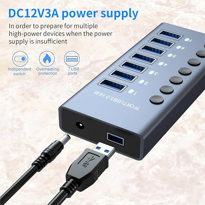 MaxLax 7 Port Aluminum USB 3.0 hub with 7 Port USB Data Transfer,36W (12V/3A) Power Adapter USB Splitter Independent Switch