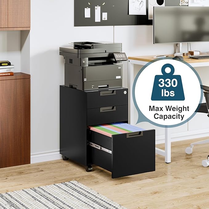 MIIIKO 3 Drawer Filing Cabinet with Lock, Metal Black Vertical File Cabinets for Home Office, Full Assembled File Cabinets Under Desk, Letter/Legal/A4 File Folders Storage