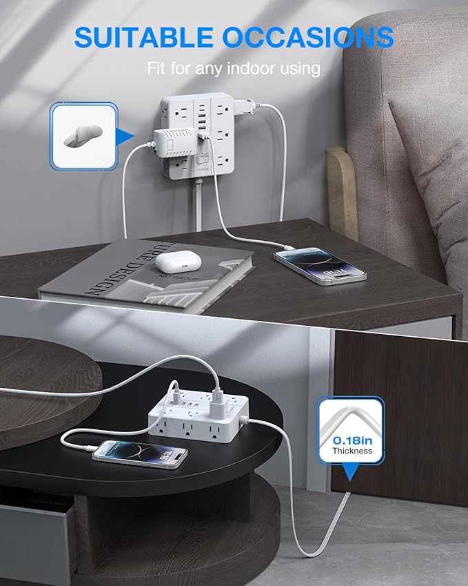 Surge Protector Power Strip 15 Ft Cord, HUNIAN Flat Plug Extension Cord with 12 Widely Spaced Outlets 6 USB Charger (2 USB C Ports), Desk Charging Station for Home Office Supplies, Dorm Room, White