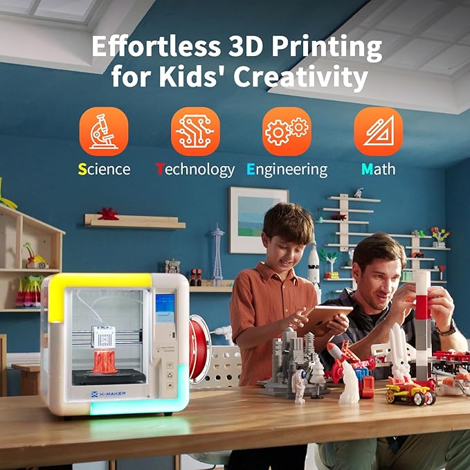 X-Maker 3D Printer for Kids and Beginners, Fully Assembled High-Speed 3D Printer with 8 PLA Filament Set, Leveling-Free Bed, Wi-Fi Printing, Resume Printing, Silent, High Precision, with App