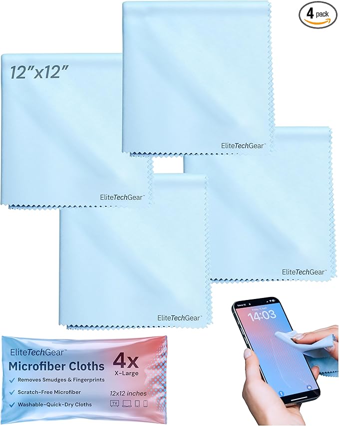 Elite Tech Gear 4-Pack Microfiber Cloth Set - 12"x12" Oversized Washable & Durable Wipes for Glasses, Lenses, Electronics & Screens - Glasses Cleaner Cloth