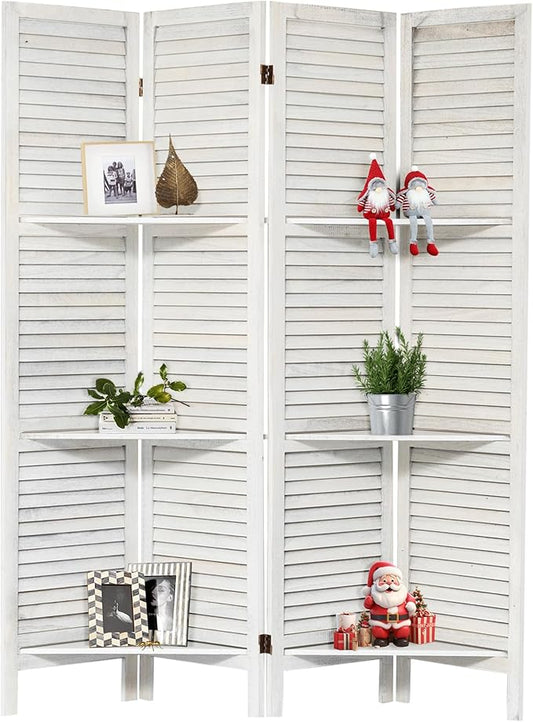 NicBex 4 Panel Room Divider,5.6FT Wood Carved Room Dividers with Display Shelves Folding Privacy Screens Portable Freestanding Partition Wall Dividers for Room Separation,Home Bedroom Office,White