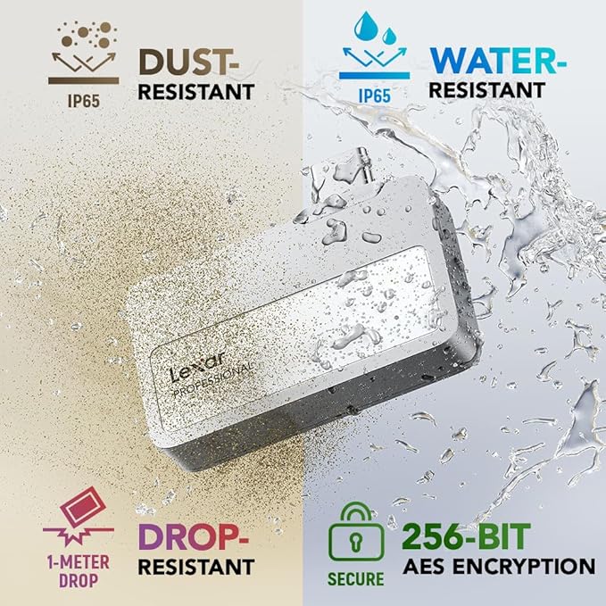 Lexar 1TB Professional Go Portable SSD, Supports Apple 4K 60fps ProRes, Up to 1050MB/s, USB 3.2 Gen 2, Rugged, IP65, Ultracompact, Compatible w/iPhone 15/16, External SSD (LSL400X001T-RNSNU)