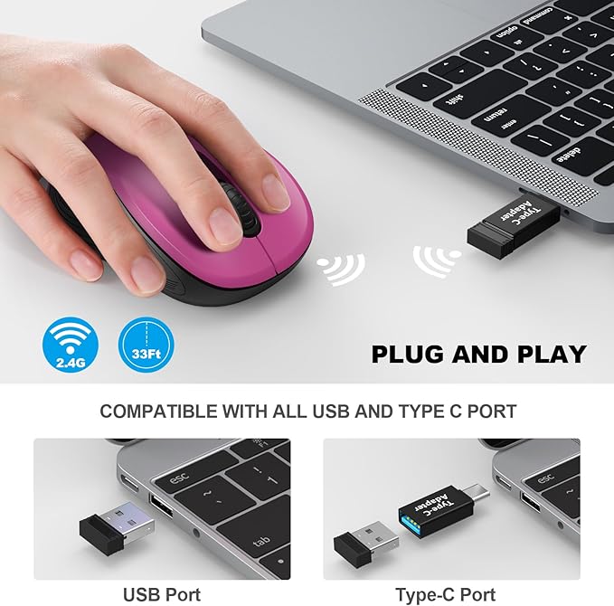 WisFox 2.4G Wireless Mouse for Laptop, Ergonomic Computer Mouse with USB Receiver and Type-C Adapter, 3 Adjustable Levels, 6 Button Cordless Wireless Mice for Windows Mac PC Notebook (Fuchsia)