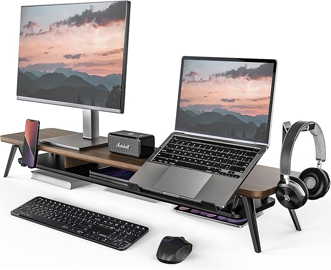 Fenge Dual Monitor Stand, Monitor Riser for 2 Monitors with Adjustable Laptop Riser , 42.5 Inch Desk Shelf for Top of Desk with Phone Holder& Headphone Stand